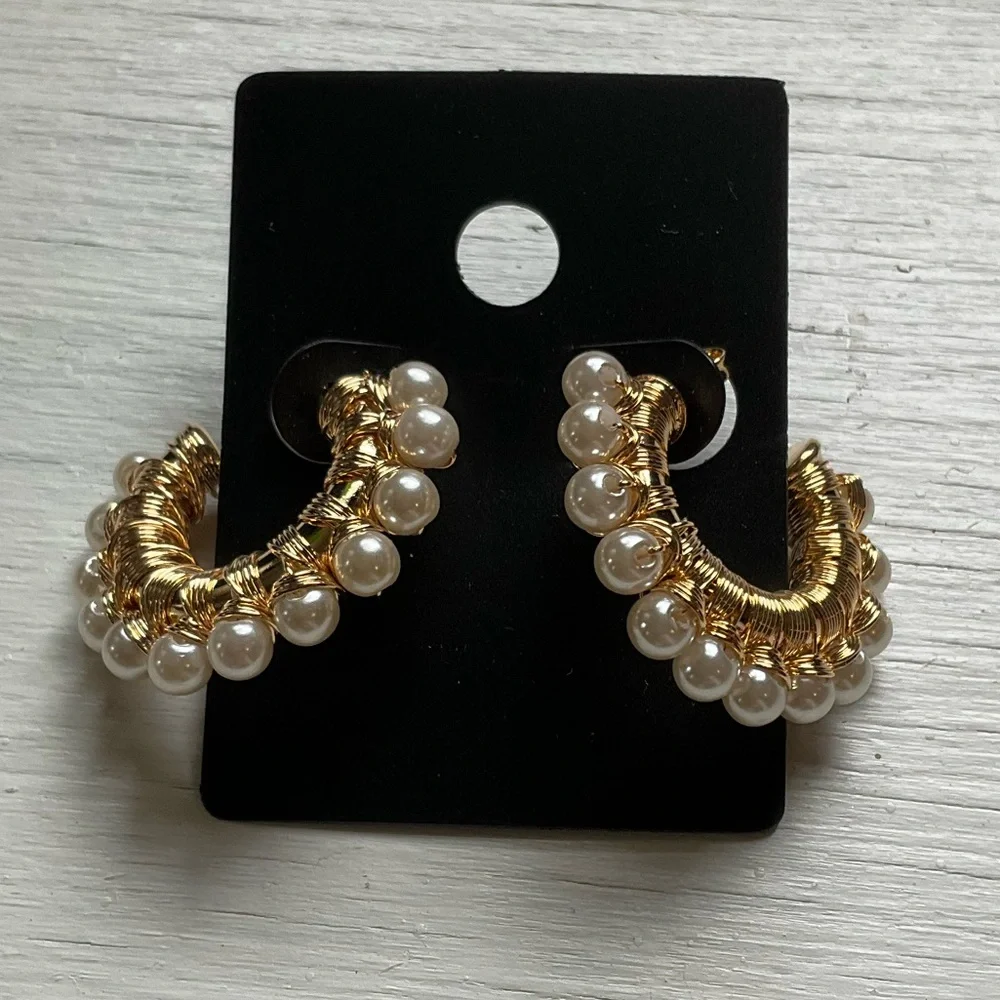 Gold and Pearl Wrapped Hoop Earrings - Picture 2 of 5